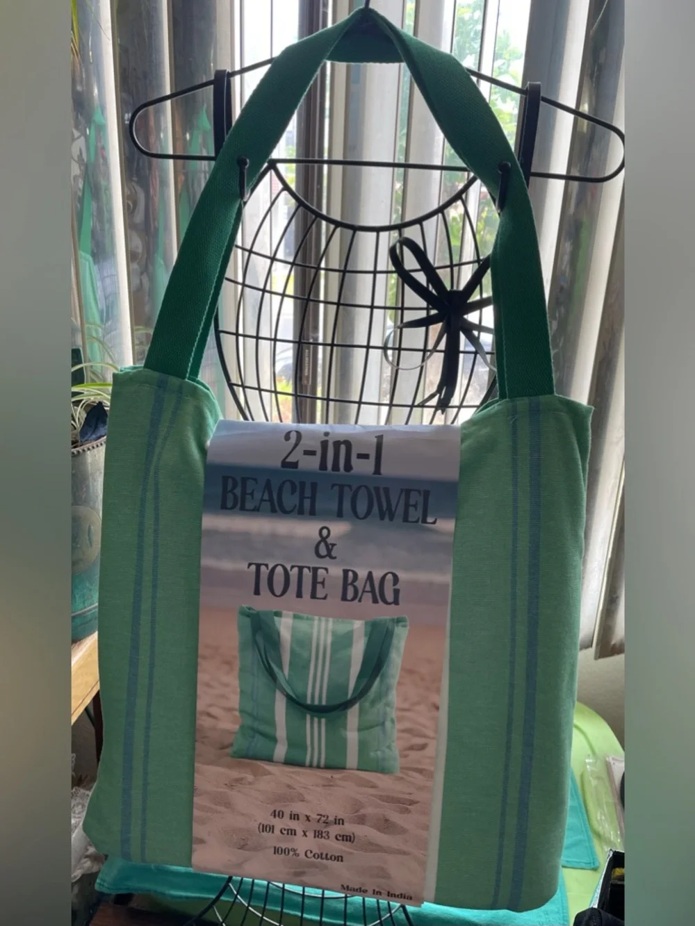 2-in-1 Beach Towel & Tote Bag - Striped Green and Pink Options